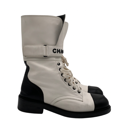 Chanel White/Black Lambskin Combat Boots