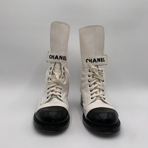 Chanel White/Black Lambskin Combat Boots