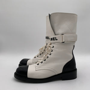 Chanel White/Black Lambskin Combat Boots