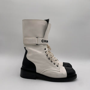 Chanel White/Black Lambskin Combat Boots