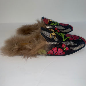 GUCCI FUR FLORAL SLIPPERS WOMEN'S 36