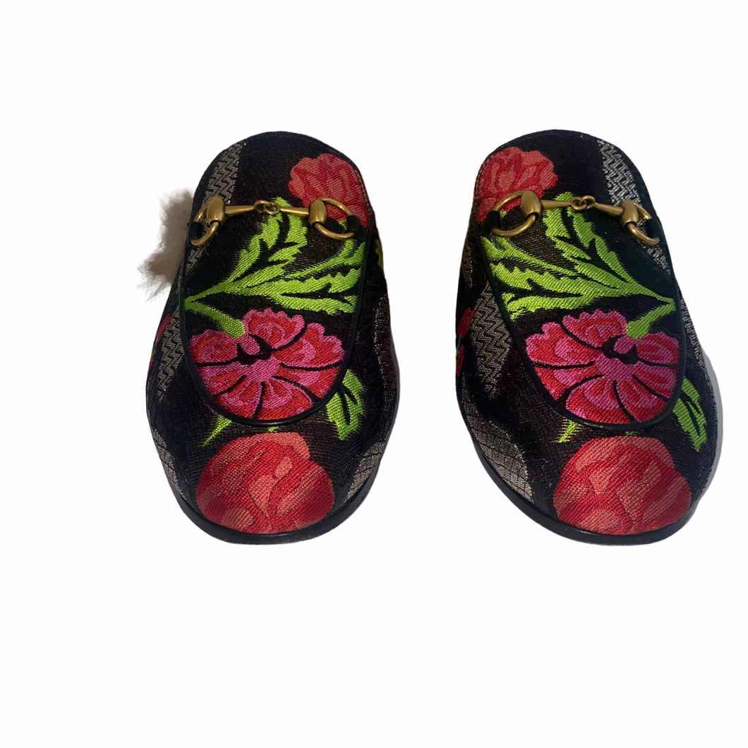 GUCCI FUR FLORAL SLIPPERS WOMEN'S 36